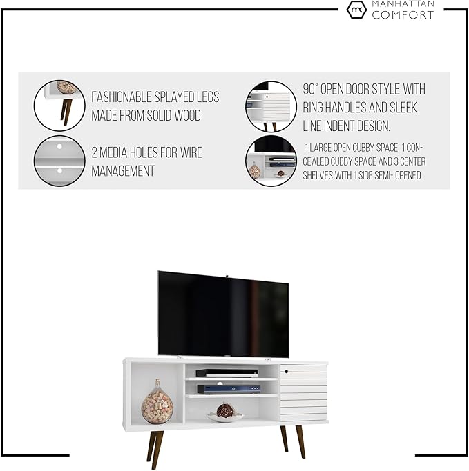 Manhattan Comfort Liberty Mid Century Modern TV Stand for Televisions up to 50 Inches, Bedroom and Living Room Entertainment Center with Storage, Shelves, and Cabinet, 53" Wide, White