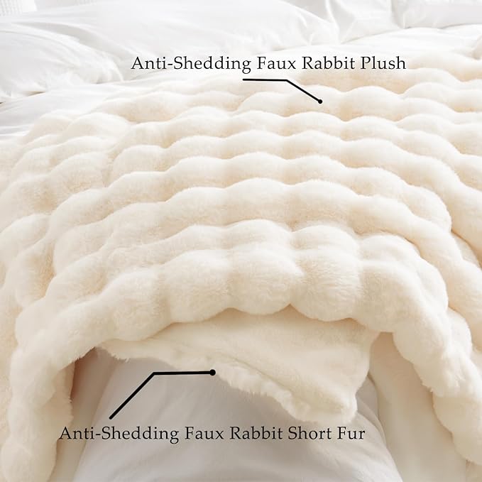BENVWE Fluffy Faux Fur Throw Blanket for Couch, Soft Plush Thick Cozy Fuzzy Luxury Minky Bubble Blanket for Home Living Room Decor Gift for Women, Warm Ivory, 50" x 60", 1100GSM