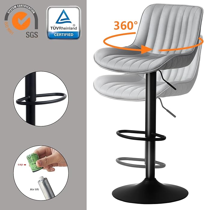 YOUNUOKE Counter Height Bar Stools Set of 2 Upholstered Kitchen Island Barstools Adjustable Swivel Stools with Back Mid Century PU Leather Padded Chairs Grey