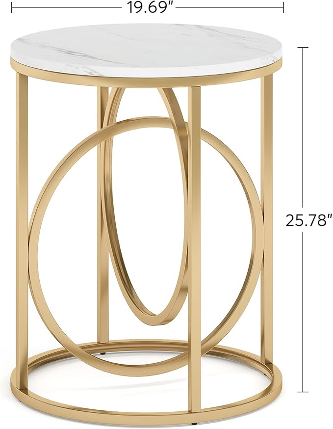 LITTLE TREE 20” Round End Table，Modern Sofa Side Table with Gold O-Shaped Base, Faux Marble White Cocktail Table Accent Table Nightstand for Living Room Bedroom