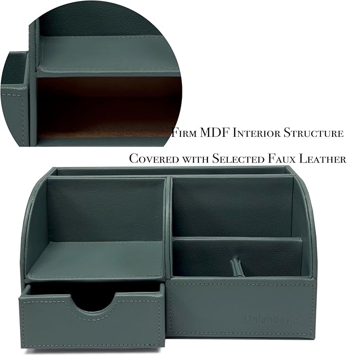 UnionBasic Desk Organizer - Multifunctional Leather Desktop Pen Holder Storage Box - Business Card/Pen/Pencil/Mobile Phone/Stationery Holder, Dark Ivy