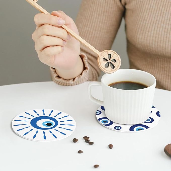 Greek Evil Eye Devil Eyes Coasters Set of 6 Coasters for Drinks Absorbent Double-Sided Leather PVC Coaster for Tabletop Protection Coffee Table Decor Ideal for Home Decor House Warming Gifts