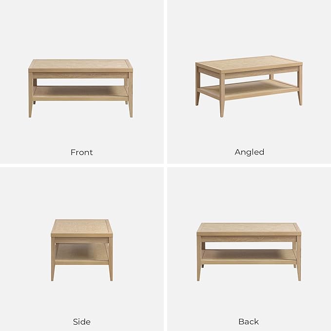 SICOTAS Rattan Coffee Table for Living Room - Boho Rectangular Dining Center Table with 2 -Tiers Rattan Storage Shelf, Farmhouse Accent Table for Living Room, Home Office, Light Oak