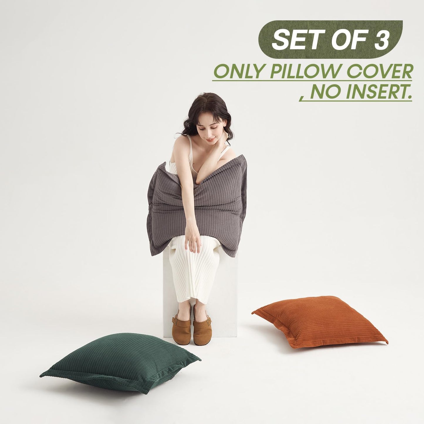 Pack of 3 Neutral Boho Decorative Throw Pillow Covers 20x20inch, Super Soft Textured Corduroy Pillow Covers Apartment Boho Room Decor for Couch Sofa Living Room Loung（Grey，Dark Green & Rust）