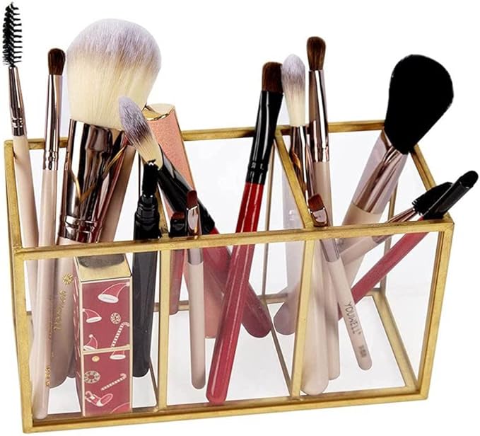 NIUBEE Acrylic Pen Holder 3 Compartments, Gold Pencil Organizer Cup for Countertop Desk Accessory Storage