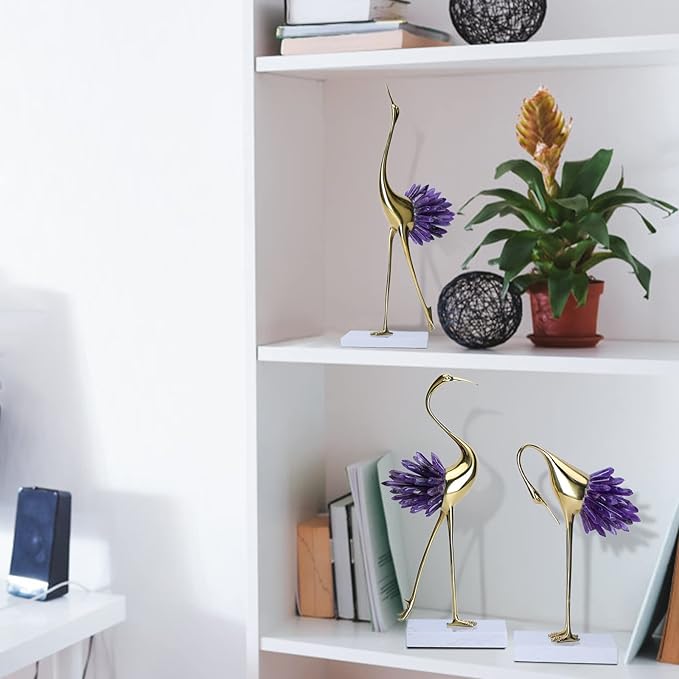 Gold Decor Accents,Brass Birds Statues Gold Home Decor Modern Crystal Decor Ornaments for Living Room, Bedroom, Office Desktop, Cabinets (Purple C)