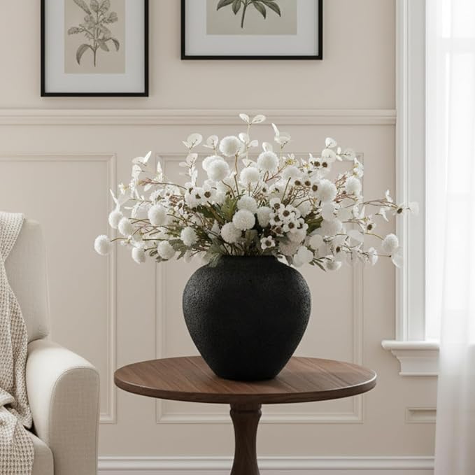 White Artificial Flowers Bulk for Vase That Look Real, White Flower Centerpiece for Table, Silk Floral for Home Decor Indoor, Faux Kiku + Eucalyptus Stems + Wildflowers, Flores Blancas Artificiales