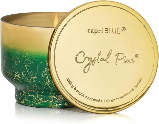Capri Blue Crystal Pine Scented - Glimmer Inverted Jar Candles - Soy Candles - Holiday Candle with Emerald Green & Gold Ombre Glass Candle Holder (10 oz)