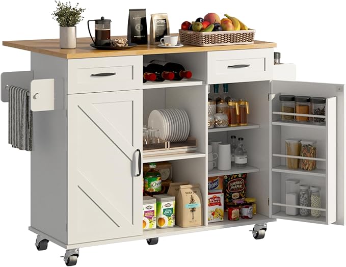 51.5'' Rolling Kitchen Island with Storage Cabinet & Drawers, Drop Leaf Kitchen Cart on Wheels, Farmhouse Portable Mobile Islands, Large Butcher Block Table with Tower/Spice Rack, White