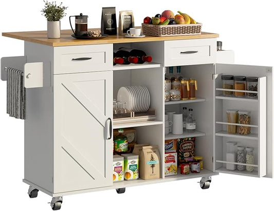 51.5'' Rolling Kitchen Island with Storage Cabinet & Drawers, Drop Leaf Kitchen Cart on Wheels, Farmhouse Portable Mobile Islands, Large Butcher Block Table with Tower/Spice Rack, White