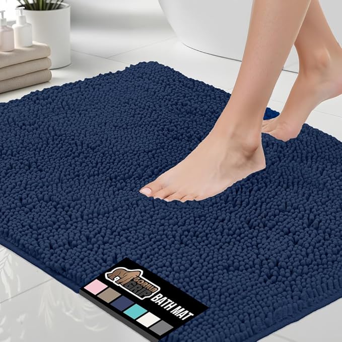 GORILLA GRIP Bath Rug Mat 60x17, Soft Absorbent Chenille, Quick Dry Microfiber Mats, Rubber Backing Washable Shower Floor Rugs, Bathmat Runner, US Designed Bathroom Home Decor Accessories Navy Blue