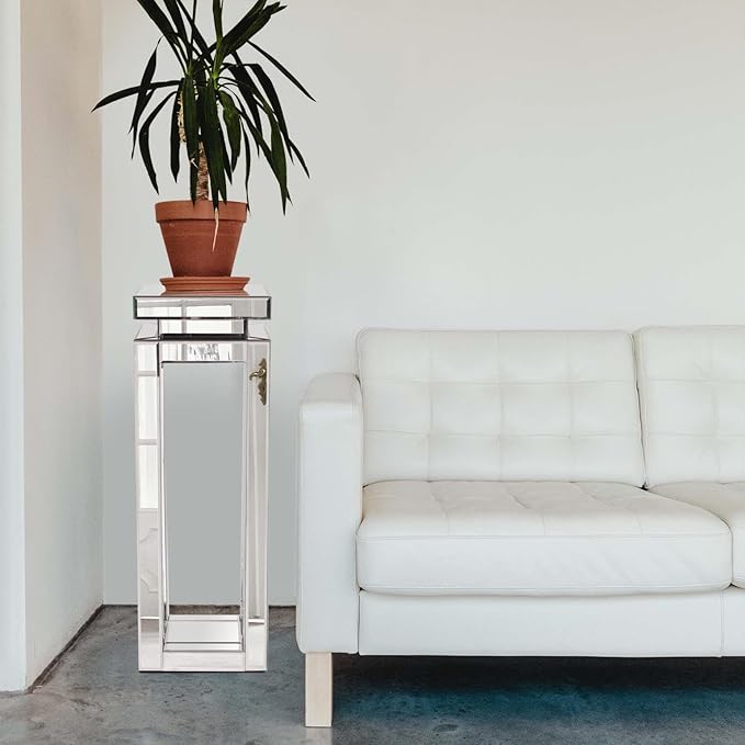 Howard Elliott Large Silver Mirrored Pedestal Accent Table for Home Decoration, Mirrored Finish Design End Table for Bedroom, Entryway or for Any Room, 12 x 12 x 36 inches