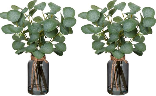 Briful Artificial Eucalyptus Stems in Black Glass Vase with Faux Water, 14" Fake Plant Eucalyptus Leaves for Home Office Farmhouse Wedding Centerpiece Décor, 2 Packs