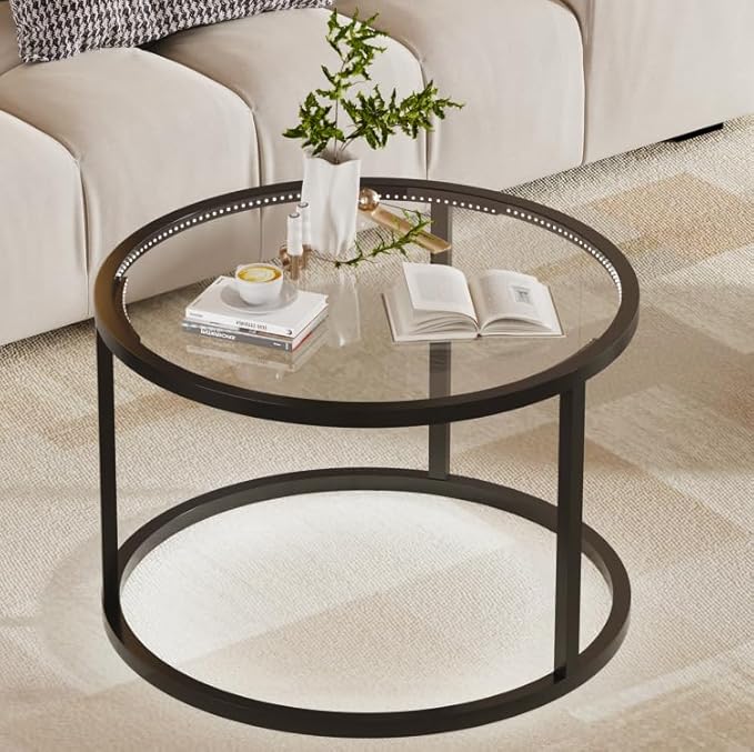 Glass Coffee Table Modern Center Table,Minimalist Round Coffee Tea Table with LED Lights,Simple Tea Cocktail Modern Center Tables for Home, Office, Bedroom,Black