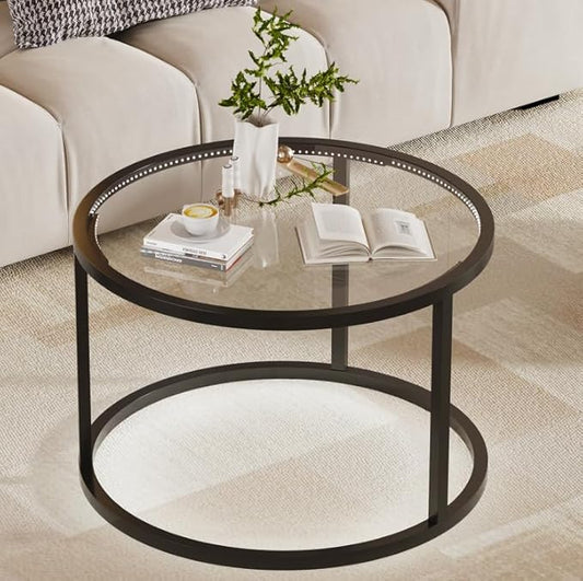 Glass Coffee Table Modern Center Table,Minimalist Round Coffee Tea Table with LED Lights,Simple Tea Cocktail Modern Center Tables for Home, Office, Bedroom,Black