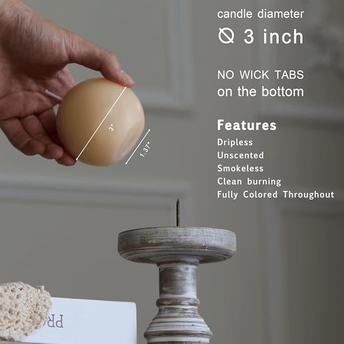 MOZEAL Hand-Poured, 3 Inch Beige Round Ball Candles - Elegant Beige Round Pillar Candles Set of 3, Dripless, Unscented, Smokeless, Ideal for Modern Home Decor.