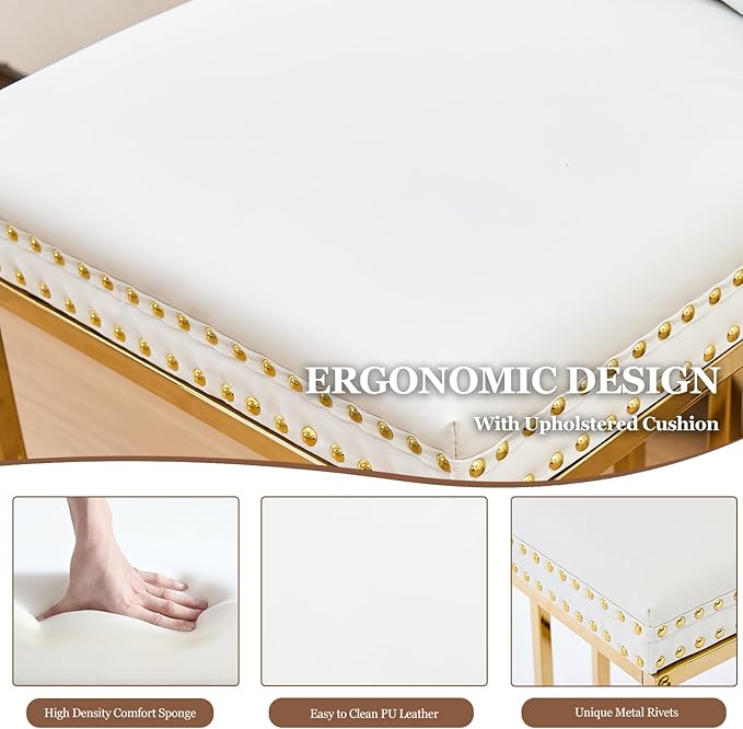 UVV Counter Height Bar Stools Set of 3, 26" Modern Barstools with Back, Faux Leather Upholstery Counter Chairs with Metal Legs for Kitchen Island, Bar, Counter, White