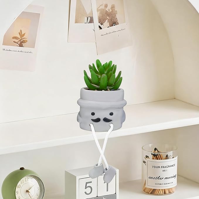 Cute Artificial Succulent Plant in Cement Pot with Hanging Legs, Mini Faux Succulent Decor for Kitchen Shelves, Bathroom Wall Shelf - Fake Small Plant for Home & Office Desktop, Shelf Accents