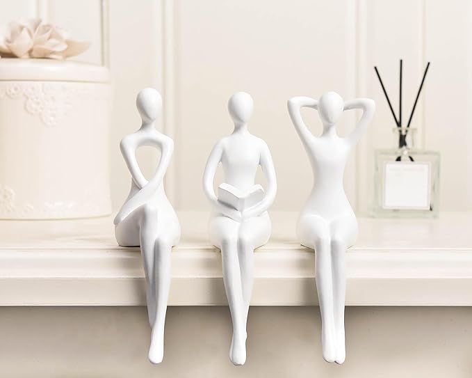 Quoowiit White Thinker Statue Unique Ornament Sculpture, Art Modern Home Decor Accents Bookshelf Decor, Creative Table Decorations for Living Room Desk 3 Piece