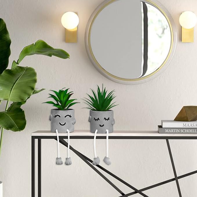 Zerzsy Faux Succulents in Cement Pots with Hanging Leg, Potted Mini Fake Plants for Desk Decor, Kitchen Shelf Decor, Office Decoration for Women, Bathroom Shelf Plants Decoration- Set of 2
