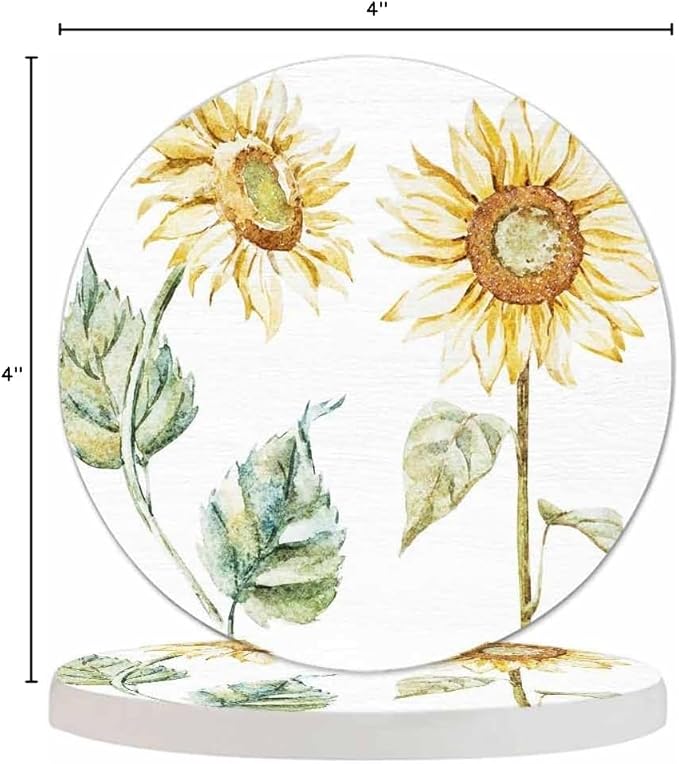 Yellow Sunflower Coasters for Coffee Table Bright Color Flowers Botanical Floral Nature Beauty Blossom Sketch Housewarming Presents for Women Men Home Decor Office Kitchen Living Room 2 Pcs