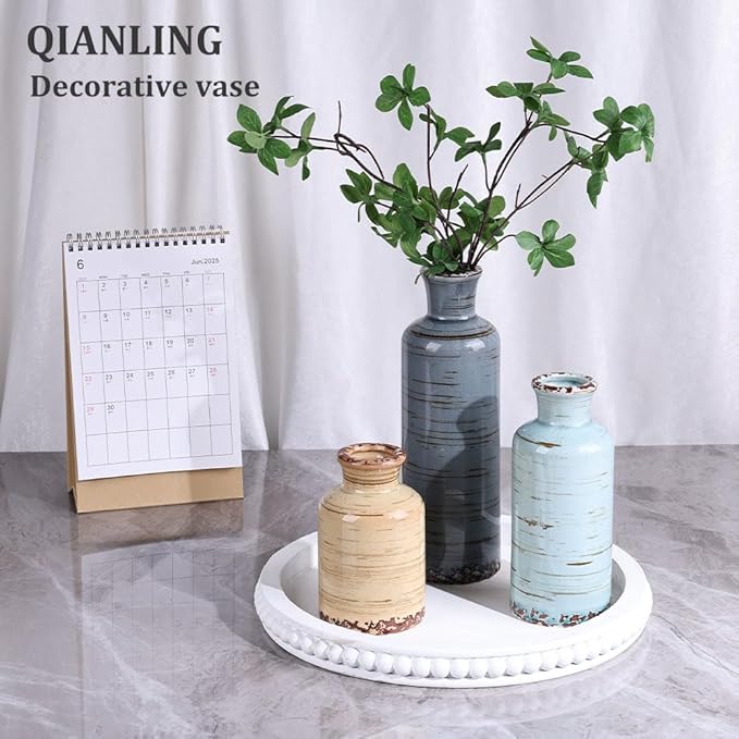 Ceramic Vase Set of 3, Small Flower Vases Home Decor, Modern Rustic Farmhouse Pottery Vases for Centerpieces, Living Room, Kitchen, Shelf, Bedroom, Bathroom, Fireplace, Table Shelf and Entryway Decor