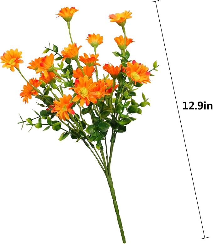 Fake Mums Look Real Fall Flowers 8 Bundles Thanksgiving Outdoor Decorations Artificial Orange Daisy Flower Outside Plants Silk for Autumn Front Porch Patio Planter Decor (8 Bundles Orange)