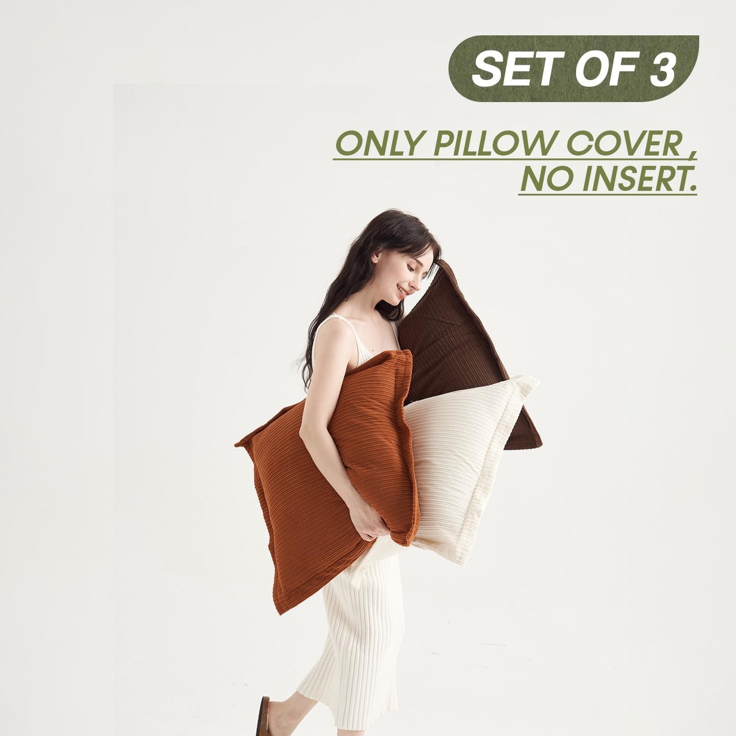 Set of 3 Super Soft Striped Corduroy Throw Pillow Covers 18x18inch, Decorative Boho Square Pillow Covers for Sofa Couch Aesthetic Decor Bedroom Living Room (Earthy Brown, Rust & Cream)