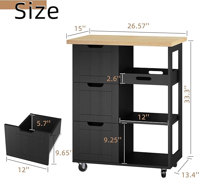 Shintenchi Kitchen Island Cart with Storage,Rolling Kitchen Island Storage Cabinet,Side Table on Wheels with Worktop,3 Open Shelves and 3 Drawers for Kitchen,Dinning Room, Black