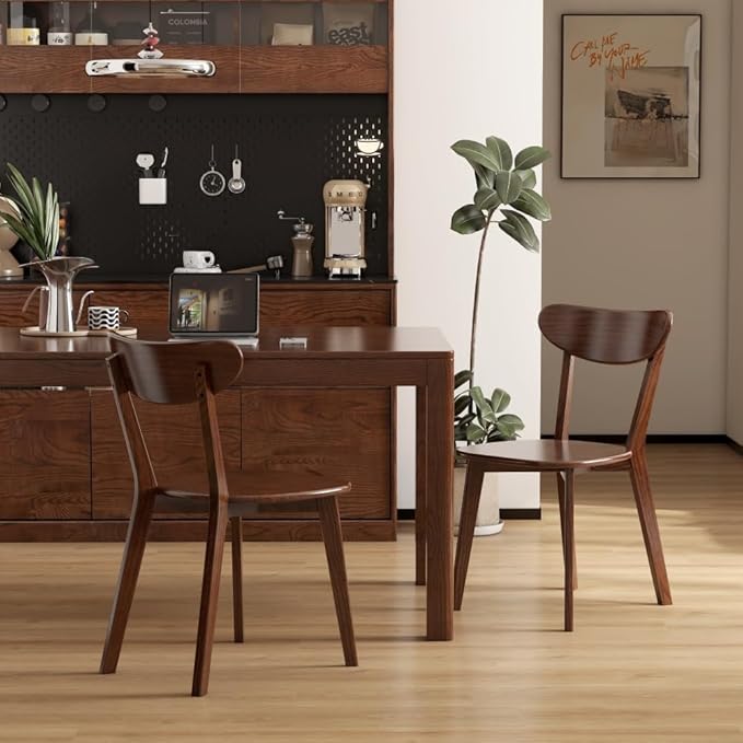 Mid Century Oak Wood Dining Chairs Set of 2, 100% Solid Wood Kitchen Chair with Rounding Edges & Curved Backrest, Modern Armless Accent Dining Chairs for Kitchen Dining, Walnut