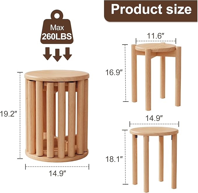 Stackable Stools Set of 4 Wooden Stools 18 Inch Stool Nesting Side Tables Nesting Coffe Table Sturdy and Durable,No Installation Required,Top Stackable Stool for Saving Space(Natural Bar stools)