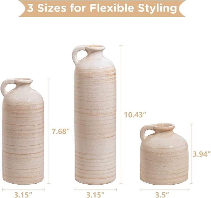 Ceramic Vase Set of 3 – Handcrafted Modern Farmhouse Decorative Vases, Neutral Pottery for Pampas Grass, Flowers, Table Centerpieces, Living Room, Mantel & Shelf Decor – Beige