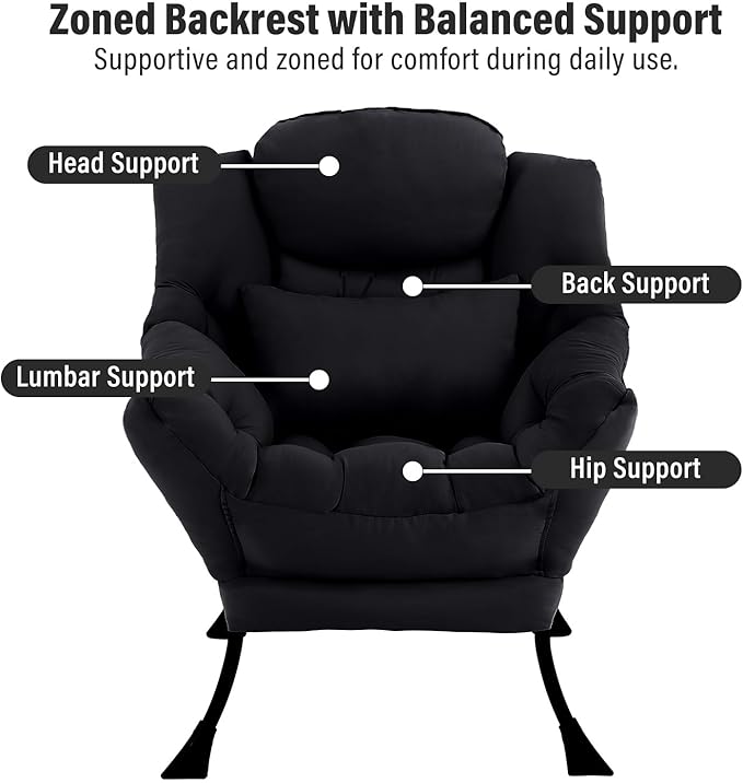 Lazy Chair with Ottoman, Modern Accent Chair with Lumbar Pillow, Comfy Chairs with Folding Footrest for Bedroom, Reading, Oversized Supportive Lounge Chairs(Black)