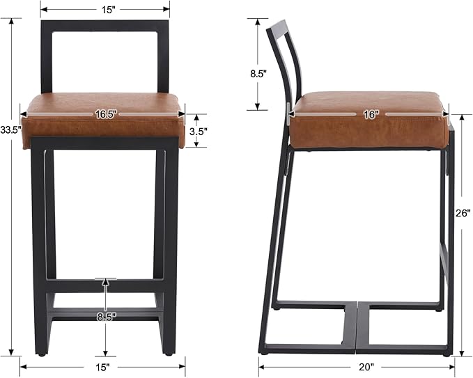 26’’ Modern Bar Stools Set of 6, Upholstered PU Leather Bar Chairs with Backrest Armless Counter Height Stools with Metal Frame for Kitchen Island Dining Room, Brown