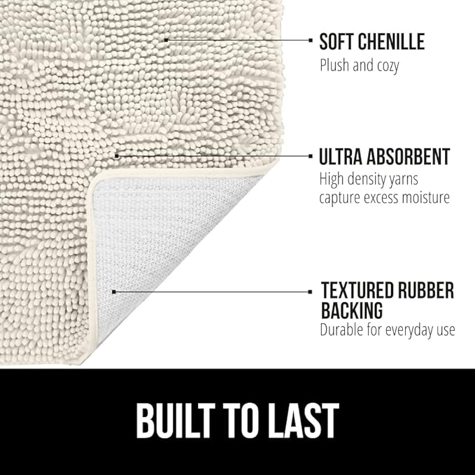 GORILLA GRIP Bath Rug Mat 44x26, Soft Absorbent Chenille, Quick Dry Microfiber Mats, Rubber Backing Washable Shower Floor Rugs, Bathmat Runner, US Designed Bathroom Home Decor Accessories Ivory Cream