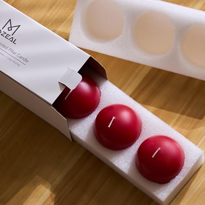 MOZEAL Hand-Poured, 3 Inch Red Round Ball Candles - Elegant Red Round Pillar Candles Set of 3, Dripless, Unscented, Smokeless, Ideal for Valentine's Day and Christmas.