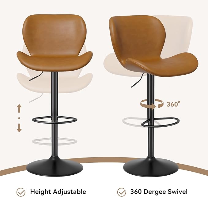Nalupatio Swivel Bar Stools Set of 2,PU Leather Upholstered Barstools with Back & Footrest, Seat Adjustable Height 22.2-31IN Counter Height Bar Chairs for Bar Kitchen Island,Whiskey Brown