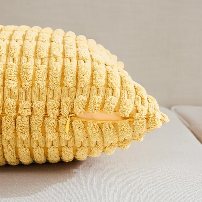 Fancy Homi 4 Packs Yellow Big Decorative Throw Pillow Covers 24x24 Inch for Living Room Couch Bed Sofa, Fall Farmhouse Boho Home Decor, Soft Striped Corduroy Square Cushion Case 60x60 cm