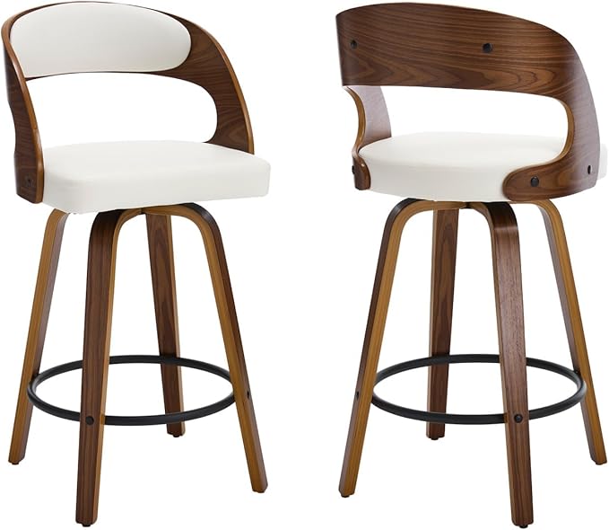 Swivel Bar Stools Set of 2, Walnut Counter Height Bar Stools with Back and Arms, 26" Modern Faux Leather Upholstered Bar Chairs with Bentwood Frame for Kitchen Island Bar - White