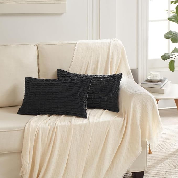 Fancy Homi 4 Packs Boho Black Decorative Throw Pillow Covers 12x20 Inch for Living Room Couch Bed Sofa, Rustic Modern Farmhouse Home Decor, Soft Plush Corduroy Cute Square Cushion Case 30x50 cm