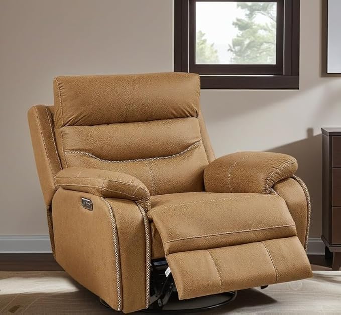 Oversized Recliner Chair, Multifunction Power Recliner Chair, 240° Swivel Single Electric Reclining with USB Port for Living Room,Apartment, Bedroom, Yellow Brown