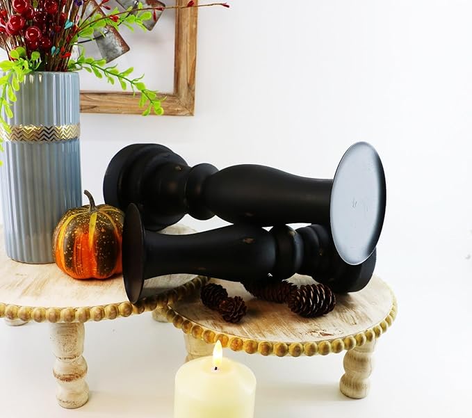 Black Worn Pillar Candle Holder - Rustic Wooden Farmhouse Candlestick Holders for - 2 Piece Set