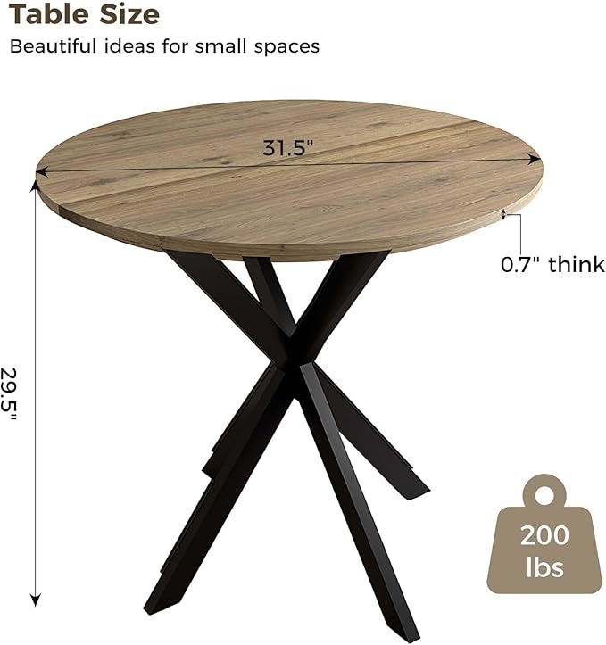 Unovivy 31.5" Small Round Dining Table for 2-4, Space Saving Circle Kitchen Dinner Table, Industrial Mid Century Modern Dining Room Desk for Kitchen, Apartment, Natural Oak