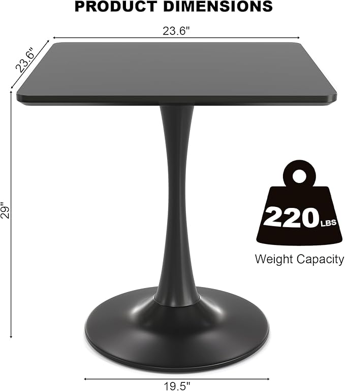 24" Black Small Dining Table for 2 or 4, Small Square Tulip Table for Kitchen, Round Corner Wood Bistro Table, Mid Century Modern Tables with Sturdy Pedestal for Living Room, Cafe, Office, Pub, Bar