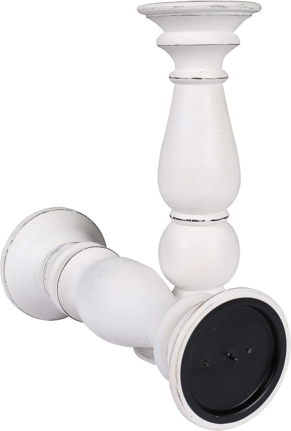 Set of 2 Tall Wooden Candle Holders (12"x4.5") in Rustic Antique White Finish. Perfect for Farmhouse Decor, Mantle, or Table Centerpiece. Holds Pillar Candles. Stylish, Sturdy, and Timeless Charm