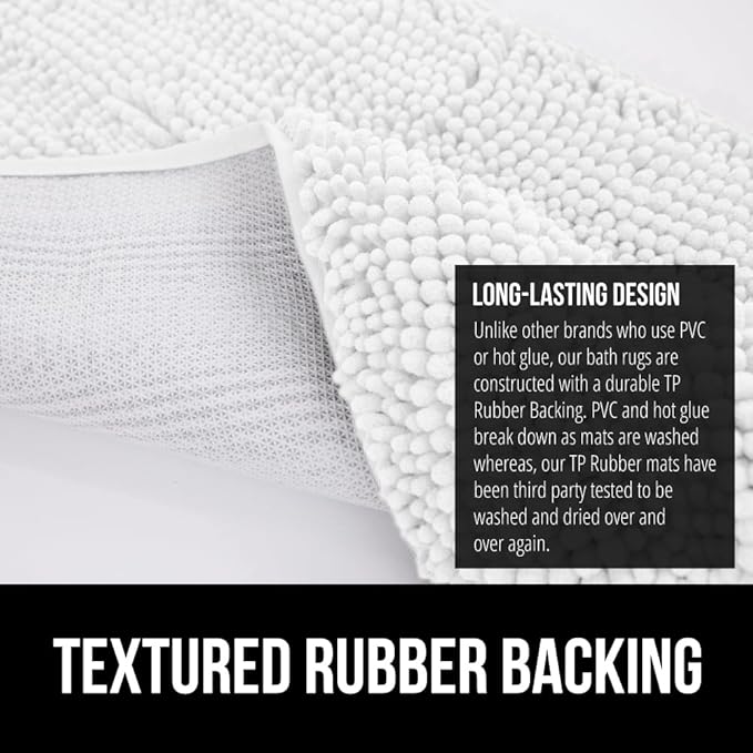 GORILLA GRIP Plush Absorbent Shaggy Chenille Bath Rug Mat for Square Toilet Base with Rubber Backing, Machine Washable Rugs, Soft Microfiber Contour Mats for Toilets, Bathroom Decor, White