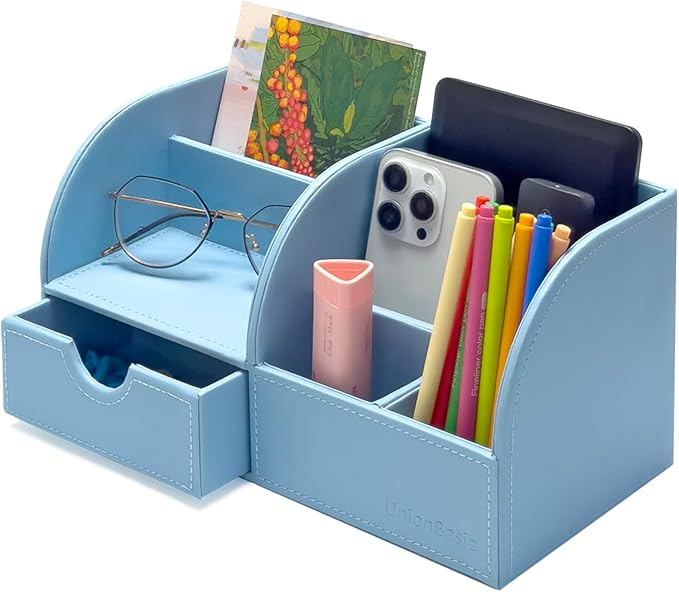 UnionBasic Desk Organizer - Multifunctional Leather Desktop Pen Holder Storage Box - Business Card/Pen/Pencil/Mobile Phone/Stationery Holder, Blue