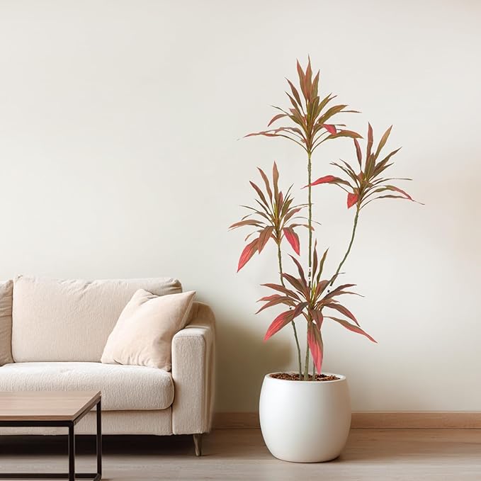 Artificial Cordyline Plant, Indoor Potted Plant, 4 Stems with Black Planter, Suitable for Large Indoor Living Room Decorations, Potted Plants, and Window Display Scenes (Red-5.3ft)