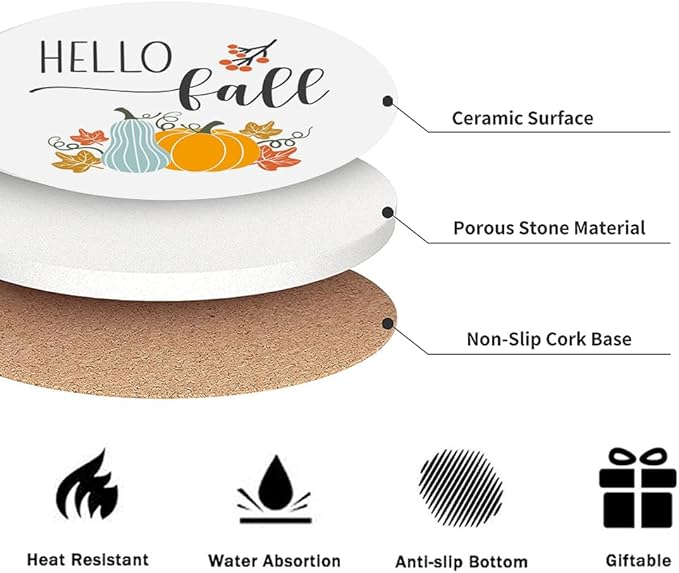 Fall Drink Absorbent Coasters with Holder Set of 6, Ceramic Stone with Cork Base, Autumn Orange and Blue Pumpkin Pattern Coaster for Drinks, Gift for Housewarming Room Bar Home Decor Kitchen