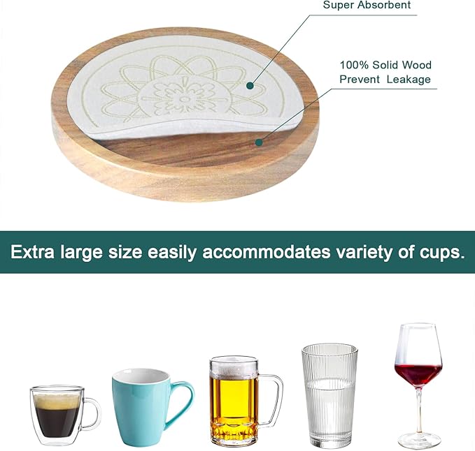 5 Pack Wood Coasters for Drinks, Minacun Absorbent Coaster Set, Drinks Coasters for Coffee Tabletop Protection, Non-Slip, Non-Stick, Suitable for Kinds of Cups Wooden Table Drink, 4.3 Inch White